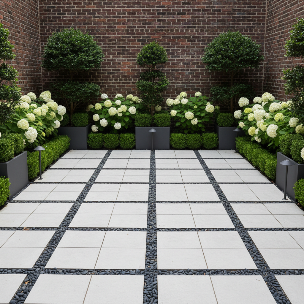 A polished, high-end courtyard garden typical of a historic DC townhouse, featuring a compact but luxurious layout: large rectangular porcelain pavers arranged in a precise grid, separated by narrow ribbons of dark river stone. Against a brick wall, tall planter boxes overflow with evergreen topiaries and white hydrangeas, all perfectly pruned. Discreet low-voltage landscape lighting fixtures are visible along the path and beneath shrubs, unlit but clearly positioned for nighttime ambiance. Soft, bright but indirect daylight creates clean, minimal shadows, accentuating the geometry and careful maintenance. Photographic realism from a slightly elevated, centered composition emphasizes symmetry, sophistication, and the capability to serve high-profile clients with meticulous detail.
