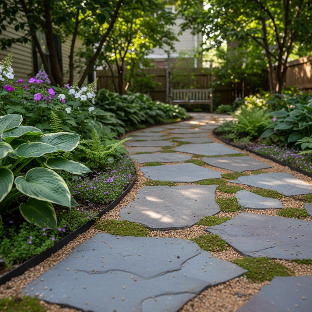 A close-up, highly detailed view of a freshly installed stone garden path in a Washington DC rowhouse backyard, with irregular bluestone pavers set in compacted gravel and tightly edged with dark metal landscape edging. Between the stones, low-growing moss and creeping thyme soften the joints. On one side, a narrow, expertly maintained mixed border features hostas, ferns, and shade-tolerant flowers thriving beneath a mature tree canopy. Soft, dappled morning light filters through leaves above, creating intricate light patterns on the stones and plants. Photographic realism with a shallow depth of field keeps the foreground stones and plants razor sharp while the rest of the yard gently blurs, conveying craftsmanship, intimacy, and quiet elegance.