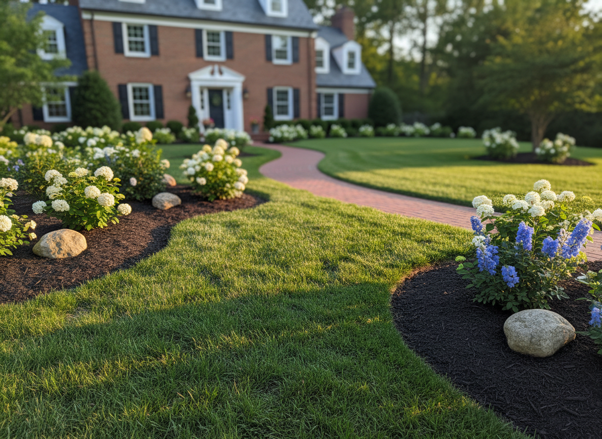 A meticulously manicured suburban front yard in Takoma Park, featuring a lush emerald fescue lawn edged with crisp, clean lines against a smooth brick walkway. Mature flowering shrubs in coordinated whites and blues frame the house foundation, with neatly mulched beds and precisely placed river stones around each plant. In the background, a classic DC-style brick home sits slightly out of focus. Late afternoon golden-hour sunlight casts soft, elongated shadows across the grass, highlighting subtle variations in texture. Photographic realism from an eye-level angle with sharp focus throughout emphasizes order, professionalism, and long-term care, creating a calm, welcoming, and trustworthy atmosphere ideal for a family-run landscaping service.
