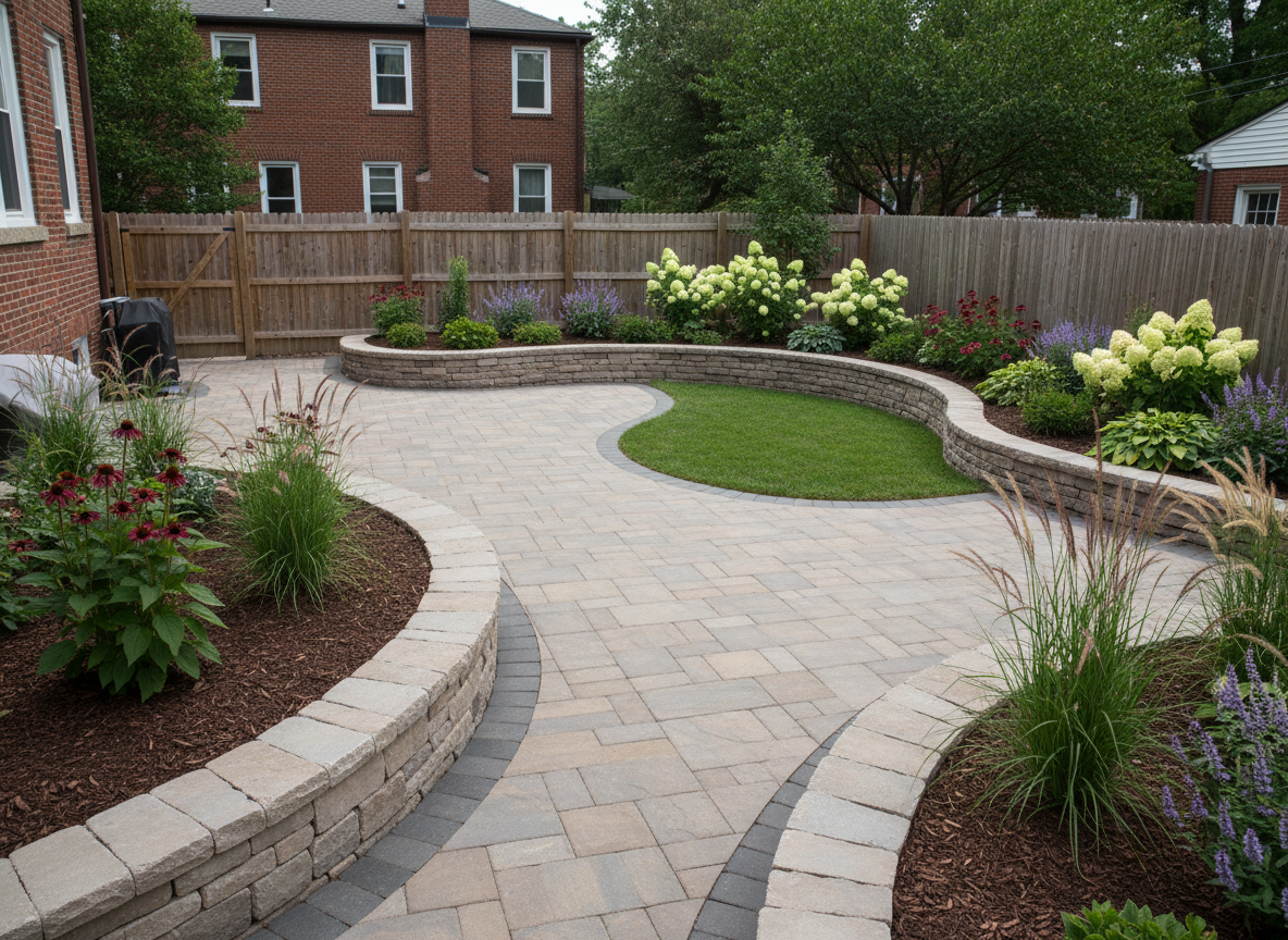 A dramatic full-yard transformation scene shown as a seamless, unified finished space: a once-plain backyard now redesigned into distinct zones with a curving paver patio, raised planting beds, and a small, neatly edged lawn. Ornamental grasses sway beside a low stone retaining wall, while flowering perennials in coordinated burgundy, cream, and soft purple add depth along the fence line. Overcast, diffused daylight creates even, shadowless illumination that emphasizes textures in stone, foliage, and mulch. Photographic realism captured from a slightly elevated wide-angle perspective showcases the entire space in one frame, conveying a sense of thoughtful planning, craftsmanship, and long-term functionality for a DC-area home.