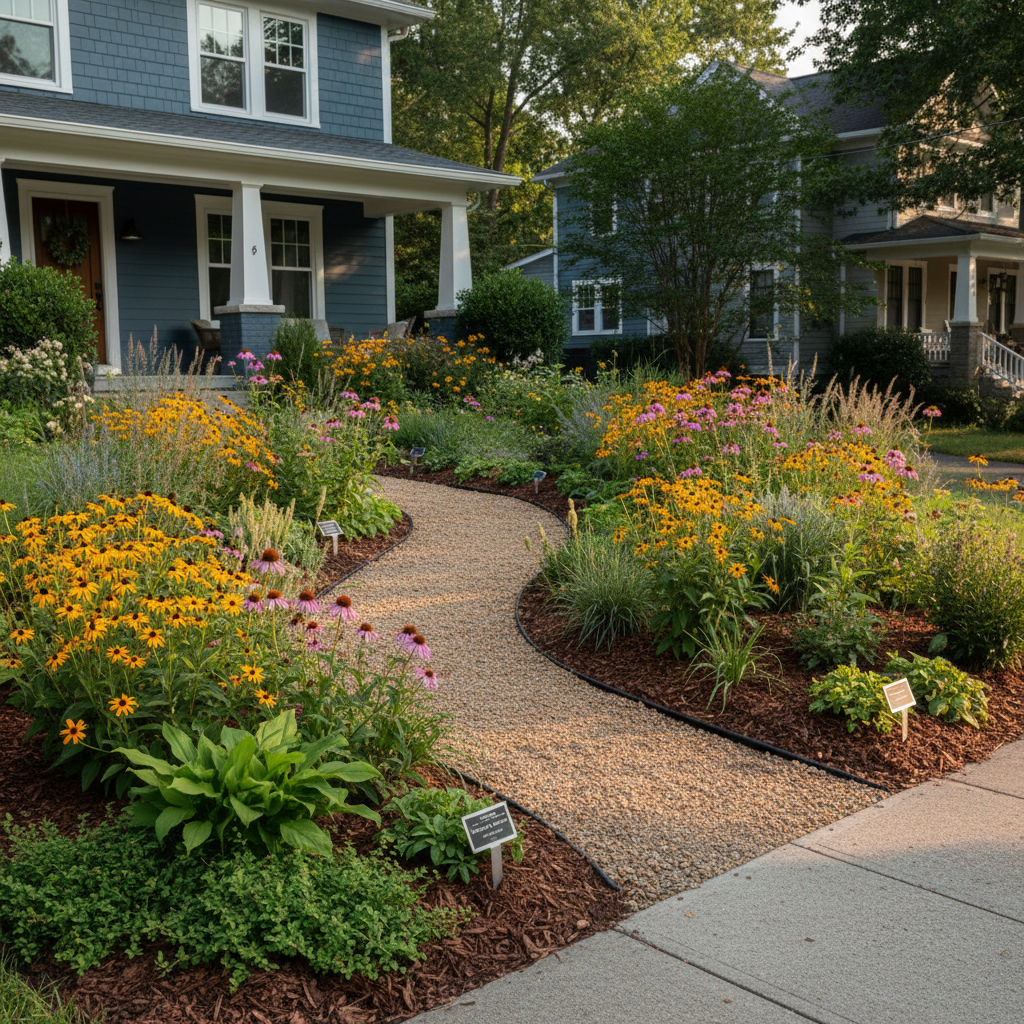 A vibrant native-plant front yard in a Takoma neighborhood, transformed from traditional turf to an ecologically rich landscape. A gently curving gravel path leads from sidewalk to porch, bordered by layered plantings of black-eyed Susans, coneflowers, little bluestem grass, and low-growing groundcovers, all clearly labeled with small, subtle metal plant tags. Dark brown shredded hardwood mulch unifies the beds, while a discreet, professionally installed drip irrigation line is barely visible at soil level. Warm late-morning sunlight illuminates the flowers, creating a lively yet controlled scene. Photographic realism from an eye-level, three-quarter angle uses the rule of thirds to balance house, path, and planting, conveying environmental responsibility, expertise, and long-term sustainability.
