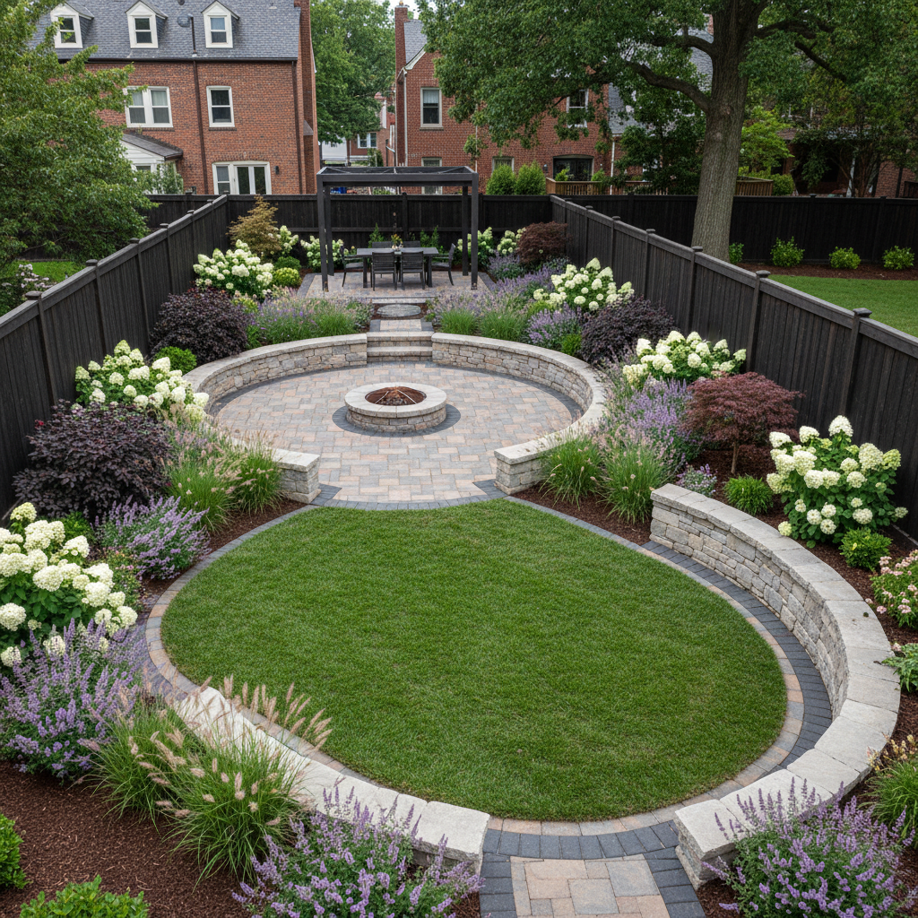 A dramatic full-yard transformation scene shown as a seamless, unified finished space: a once-plain backyard now redesigned into distinct zones with a curving paver patio, raised planting beds, and a small, neatly edged lawn. Ornamental grasses sway beside a low stone retaining wall, while flowering perennials in coordinated burgundy, cream, and soft purple add depth along the fence line. Overcast, diffused daylight creates even, shadowless illumination that emphasizes textures in stone, foliage, and mulch. Photographic realism captured from a slightly elevated wide-angle perspective showcases the entire space in one frame, conveying a sense of thoughtful planning, craftsmanship, and long-term functionality for a DC-area home.