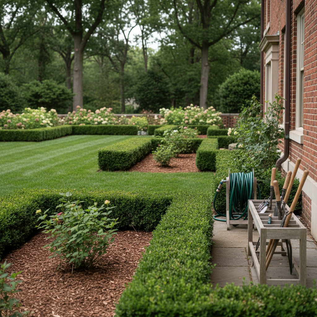 A detailed maintenance-focused scene showing a well-established DC estate garden immediately after professional service. Perfectly edged lawn meets deeply defined planting beds with fresh, even mulch application and no debris. Boxwood hedges are uniformly trimmed into clean, straight lines, and flowering shrubs show precise deadheading with healthy new growth visible. neatly coiled hoses and organized tools rest on a simple, modern storage rack near the side of the house, slightly blurred. Soft overcast lighting produces subtle contrasts that highlight the crisp edges and immaculate cleanliness of the space. Photographic realism from a slightly lower than eye-level angle emphasizes textures and detail, communicating reliability, discretion, and ongoing care for demanding clients.