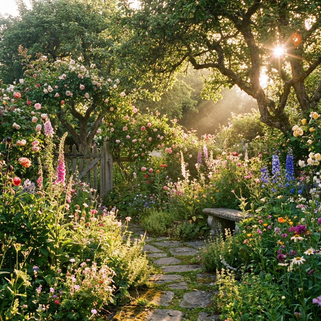 Stone path winding through a vibrant garden overflowing with roses and wildflowers.
