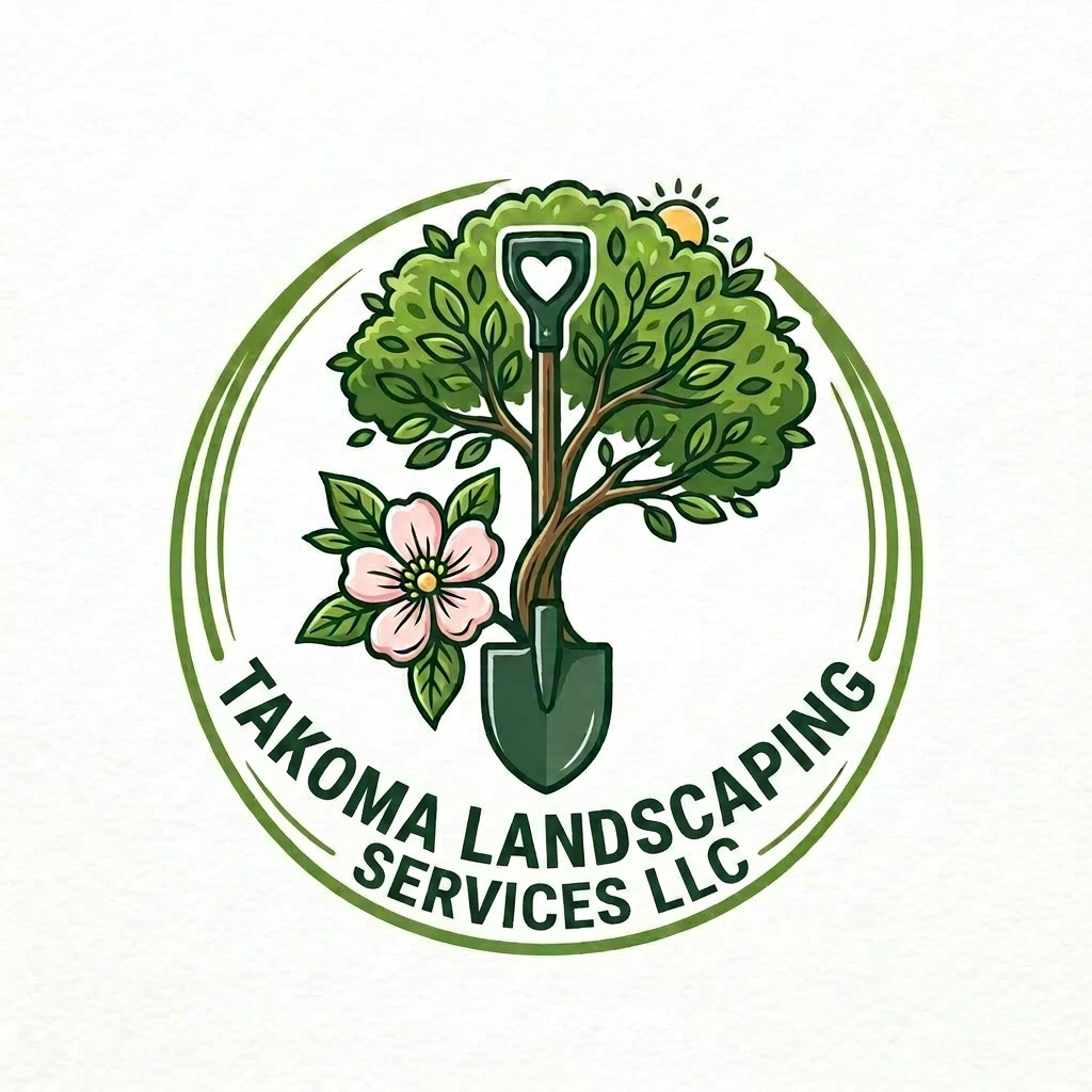 Takoma Landscaping Services LLC logo featuring a shovel, tree, and flower.